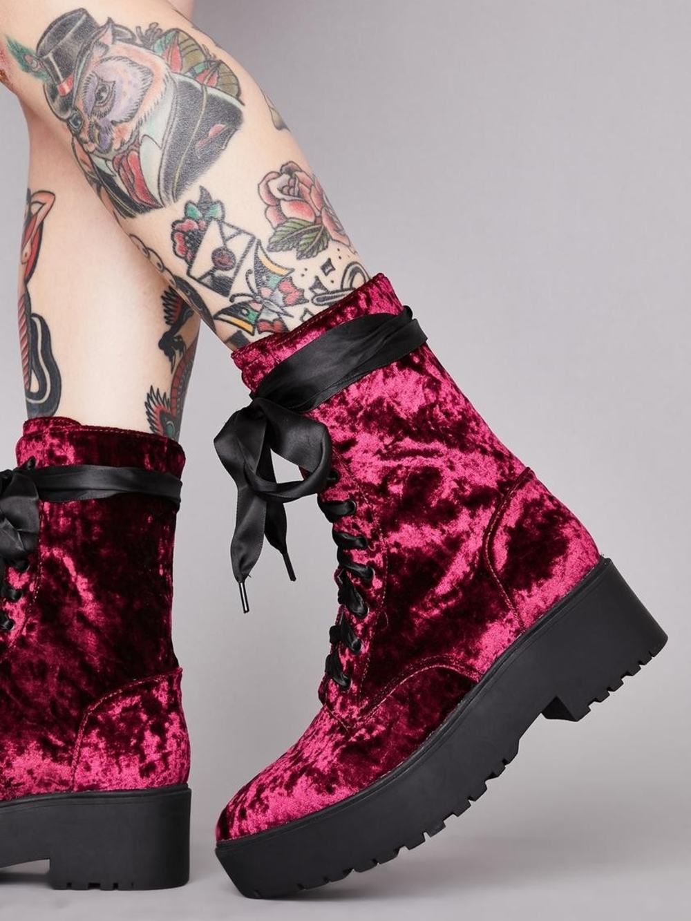Dolls Kill Burgundy Velvet Lace-Up Platform Boots with Satin Laces - Picture 4 of 7